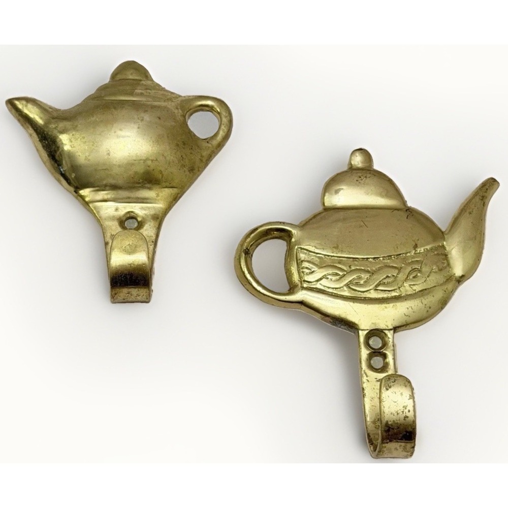 VTG Brass Metal Wall Hooks Hangers Teapot Tea Kettle Pot Keys Towels MCM Hook